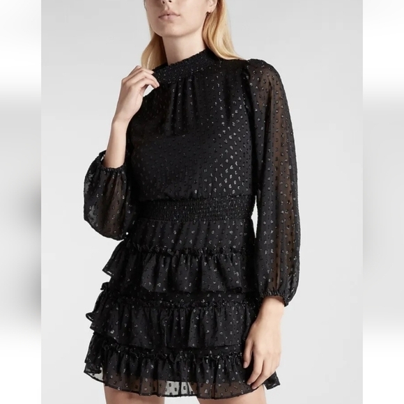 EXPRESS Metallic Dot Smocked Mock Neck Tiered Ruffle Dress Black Sz XXSmall NWT - Picture 2 of 10